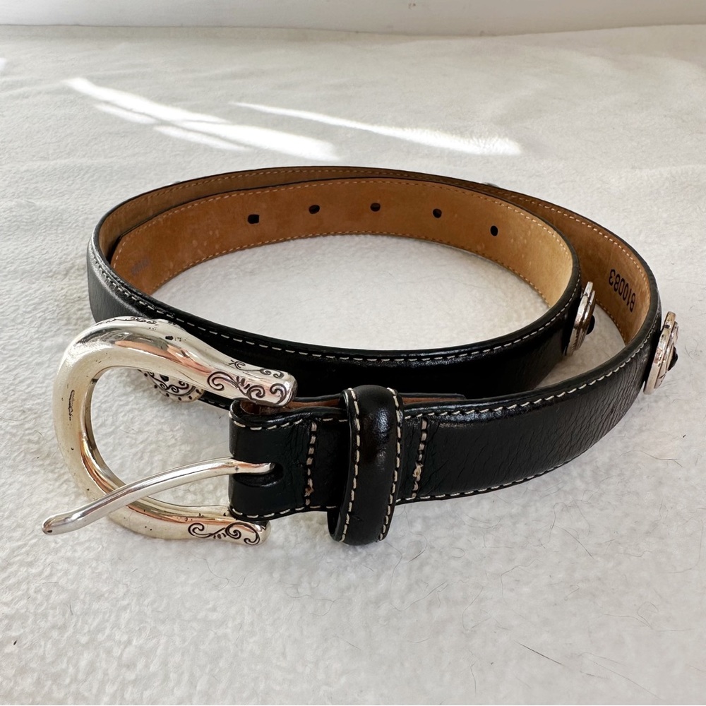 Brighton Black Leather Belt with Silver Heart and Circle Large Stud Detail, 30”L